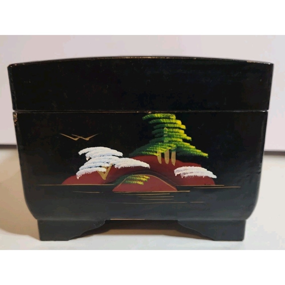 Vintage Crestline Japan Music Jewelry Box Black Lacquered Painted Mirror Locking - Picture 9 of 16